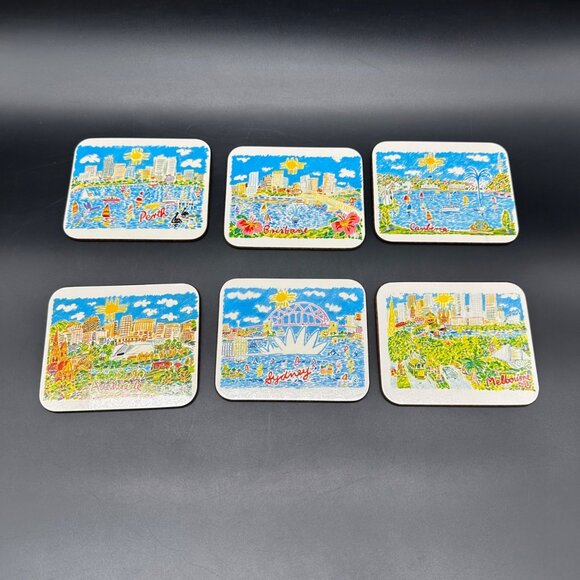Vintage Coasters Ken Done 1980s Set Of 6 Australia City Cork Back Original Box - Picture 2 of 10